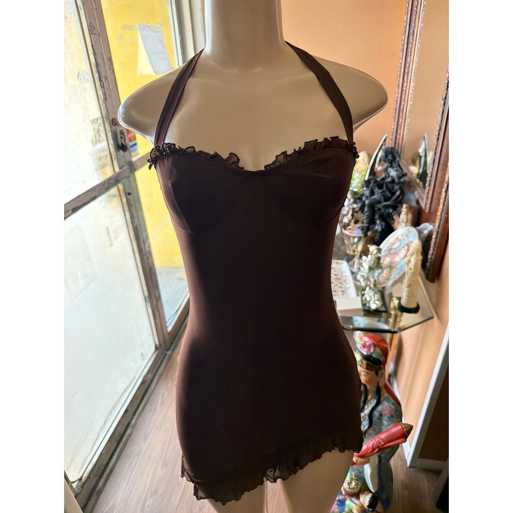 Brown Ruffle Trim Halter Mini‎ Dress Bodycon Asymmetrical Hem XS